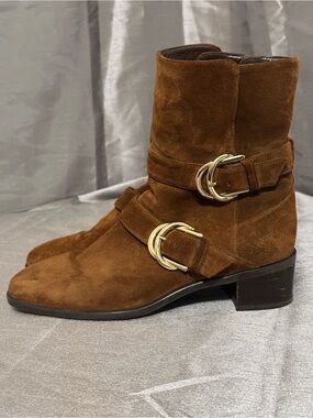 Stuart Weitzman Chestnut Suede Double-Buckle Ankle Boots